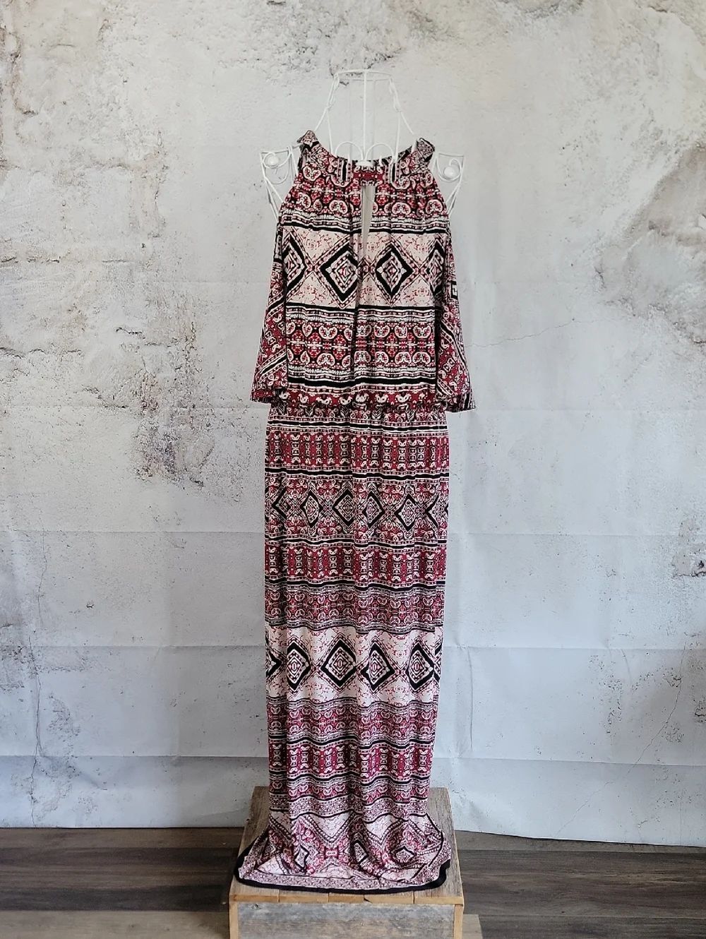 Wisp Bohemian Printed Cold-Shoulder Maxi Dress - Red Pattern Womens Size 8